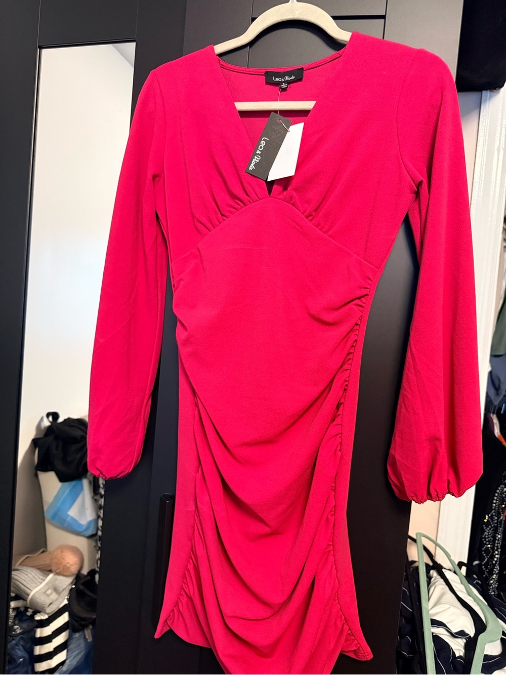 Fuchsia Ruched Long-Sleeve Dress